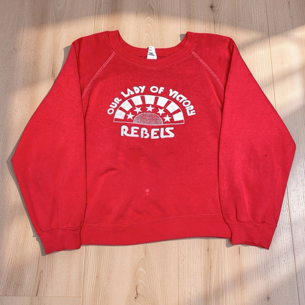 Vintage 1970s Sportswear Our Lady Of Victory Rebels Sweatshirt Ladies Large Red